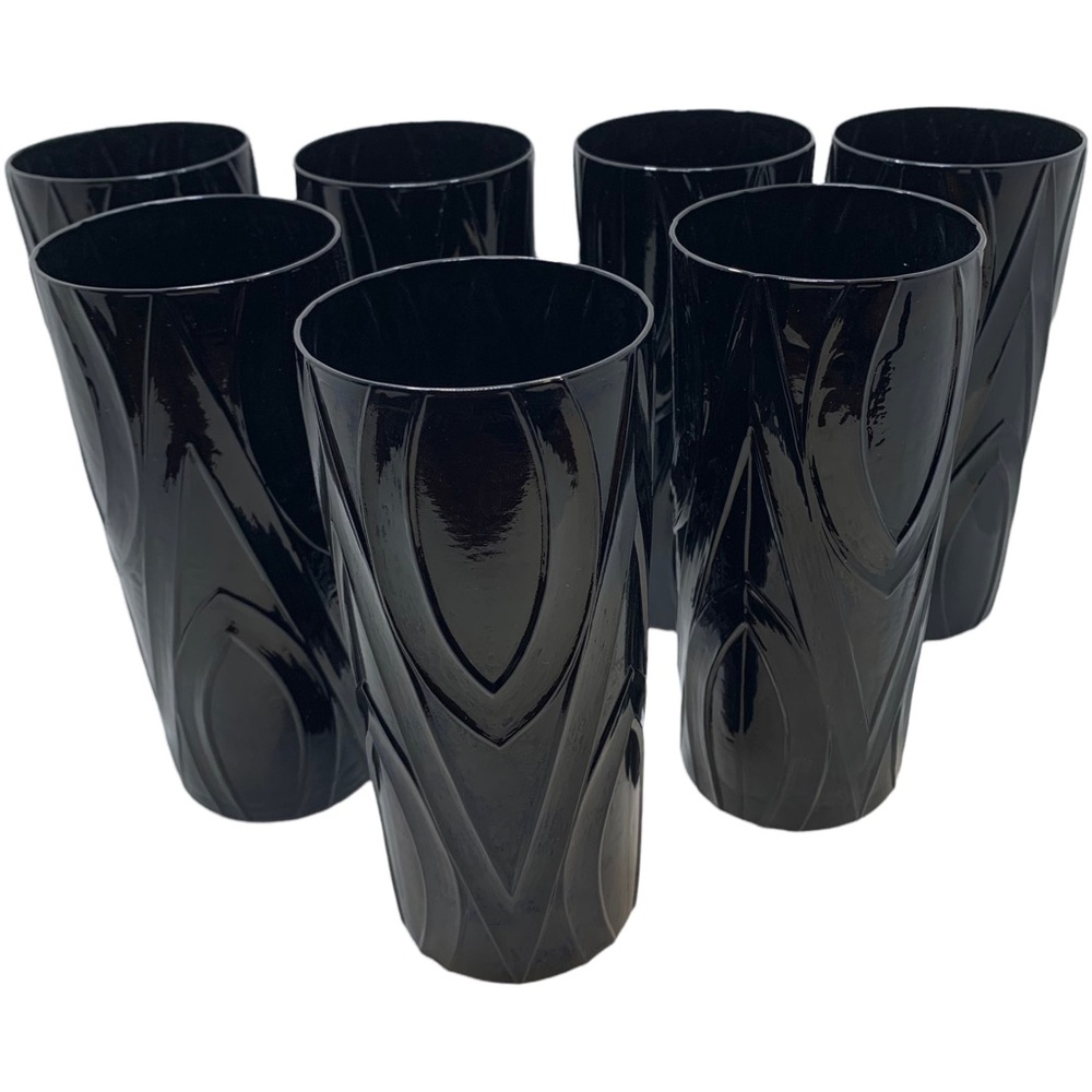 Rare Vtg Black Crystal Highball Blown 7 Glasses Zigzag Design MCM Halloween